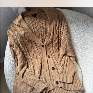 Quince Cable Knit Cardigan in Camel